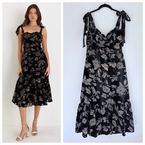 NWOT FLAWED Lulus Sweetest Era Black Floral Velvet Burnout Tie-Strap Midi Dress